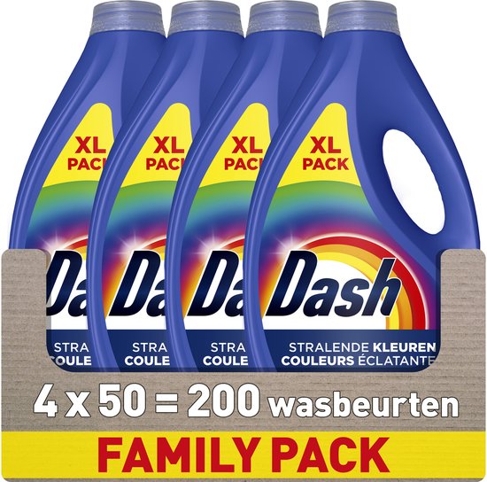 Quatre bouteilles de Dash avec XL PACK et logo arc-en-ciel, 4x50 lavages, FAMILY PACK.