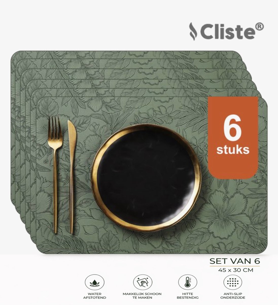 Cliste Luxe Groene Lederlook Placemats Set van 6 - 45x30 cm - Bladerenprint - Stijlvol, Duurzaam, Makkelijk Schoon te Maken - Antislip Placemat van Kunstleer - Placemats