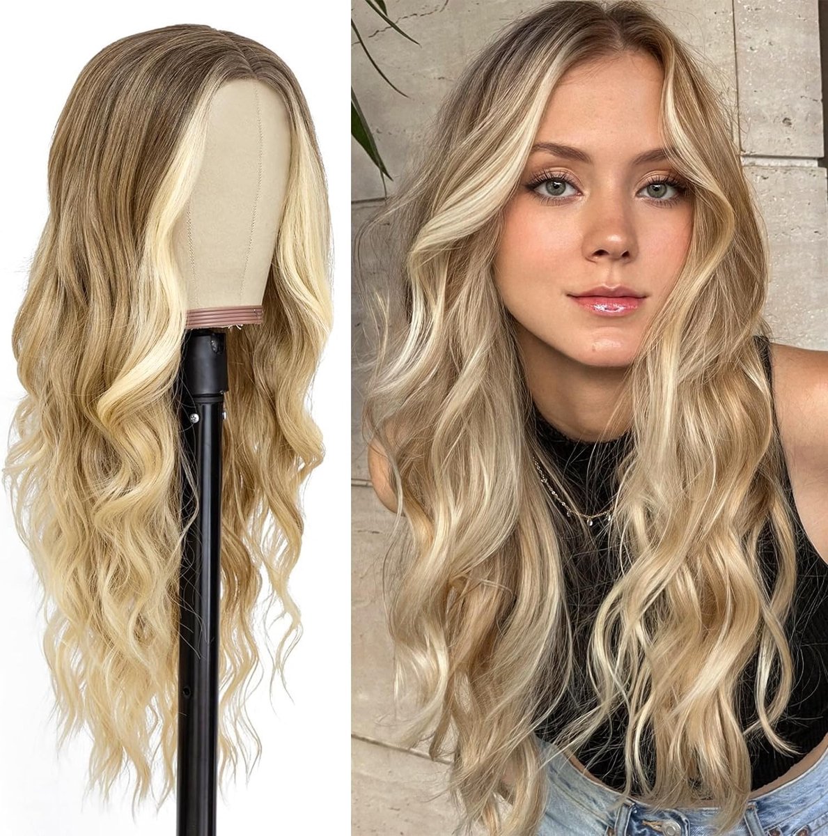 PORSMEER Women's Ombre Blonde Highlight Synthetic Hair Wig Natural Wig Long Wig Without Bangs Wavy Wavy Curly Brown Blonde Wig for Women 66 cm