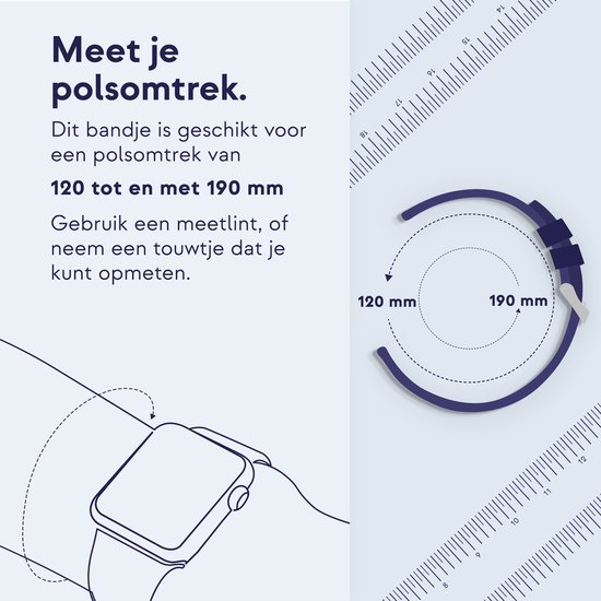 Illustratie van een smartwatch en een bandje met de tekst 'Meet je polsomtrek. Dit bandje is geschikt voor een polsomtrek van 120 tot en met 190 mm.'