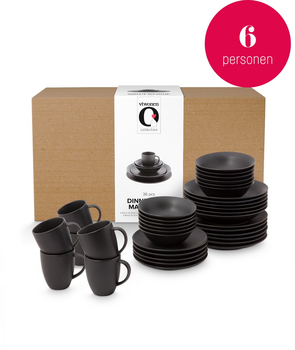 Bol.com vtwonen Servies Basic Serviesset 6 Personen - 36-delig - Mat Zwart Porselein aanbieding