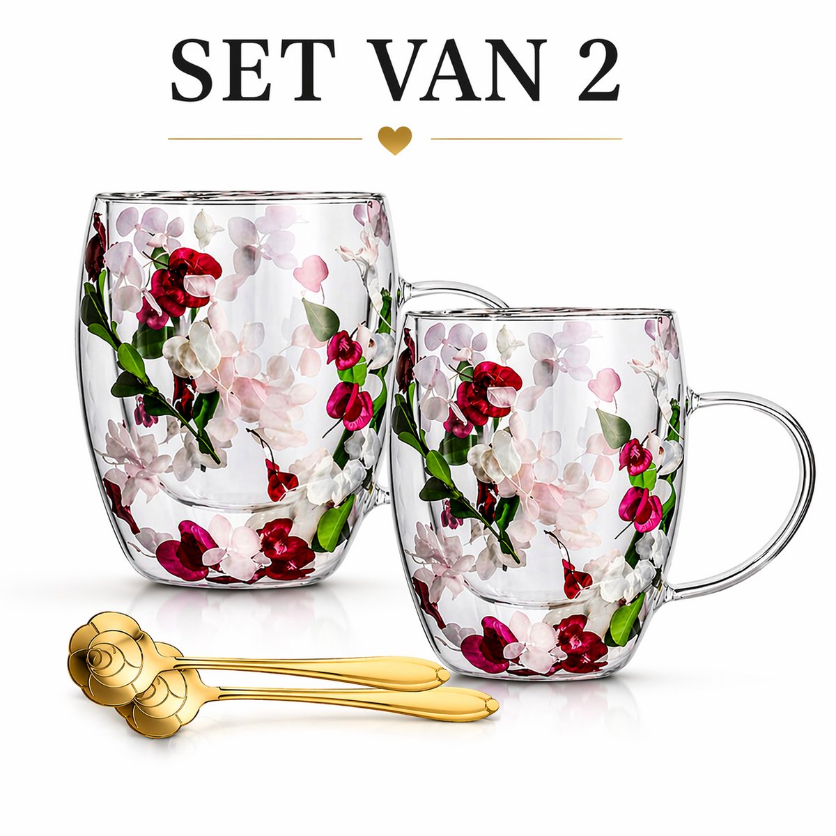 Cliste Dubbelwandige Koffieglazen Set van 4x Met Oor en Gratis 4x Lepels - 400ML - Handgemaakt Glas - Echt Gedroogd Bloem-en bladglas - Latte Macchiato Glazen - Dubbelwandige Theeglazen - Cappuccino Glazen - Koffieglazen