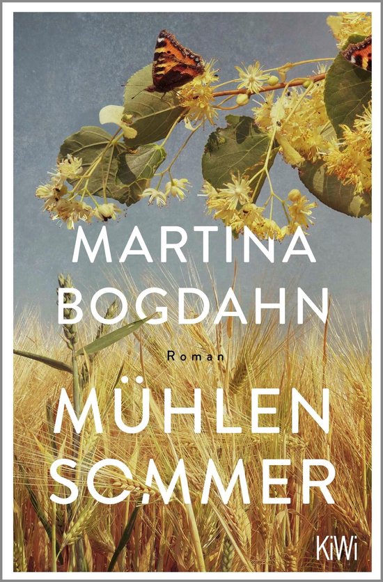 Couverture de livre avec une branche de fleurs jaunes et un papillon, au-dessus d'un champ d'orge. Titre : Mühlensommer.