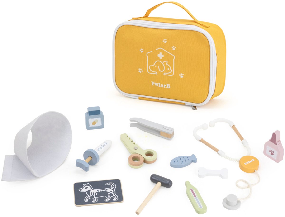 PolarB Houten Dierenarts Speelset - Houten Dokterskoffer voor Honden - Educatieve Houten Speelset voor Kinderen