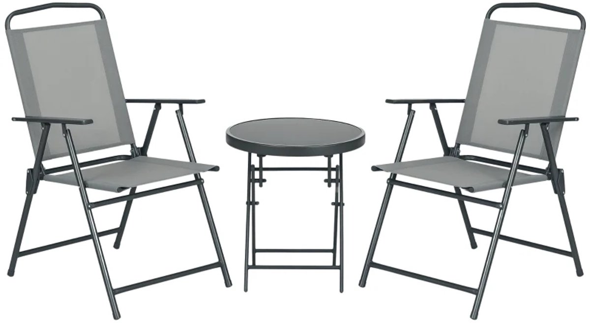 Opvouwbare Bistroset - Tuinmeubel 3-delig - Tuinset - Balkonset voor 2 Personen - Tuinmeubelset met 2 Stoelen + Tafel - Zitgroep - Meubel - Loungeset - Meubelsets - voor Tuin, Balkon, Terras - Lichtgrijs