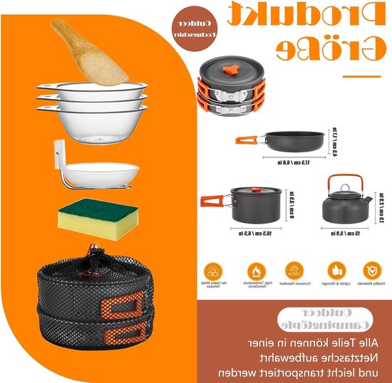 Complete Kookset voor Kamperen - 10-delige Pannenset voor 2-4 Personen, Inclusief Kookgerei en Theepot voor Hiking, Picknick en BBQ — afbeelding 2