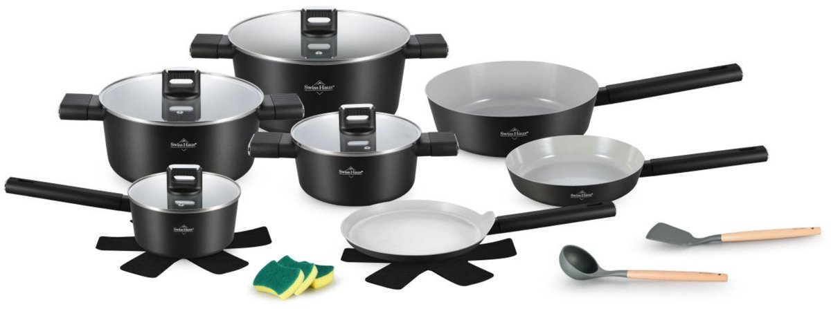 Swiss Haus® SC3018B Pannenset Inductie - 18-delig – PFAS Vrij – Koekenpan, Kookpannen, Hapjespan, Pannenkoekenpan & Steelpan - Voor Alle Warmtebronnen – Ovenbestendig tot 160°C - Zwart