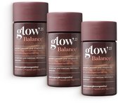 Drie bruine potjes Glow25 Balance staan naast elkaar. Elk potje heeft een bruin deksel en een etiket met de tekst 'glow 25 Balance'.