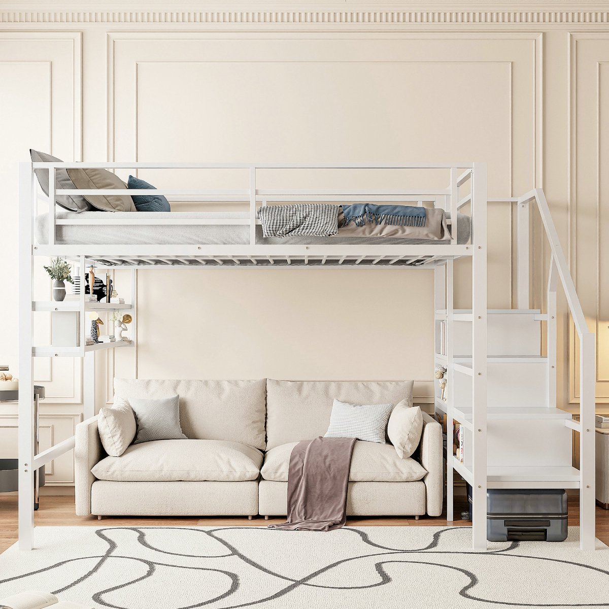 VVBV Hoogslaper 140x200 – Kinder Hoogslaper – Ladder en Veiligheidshek – Zonder Matras – Wit – met Opbergruimte – Metalen Frame