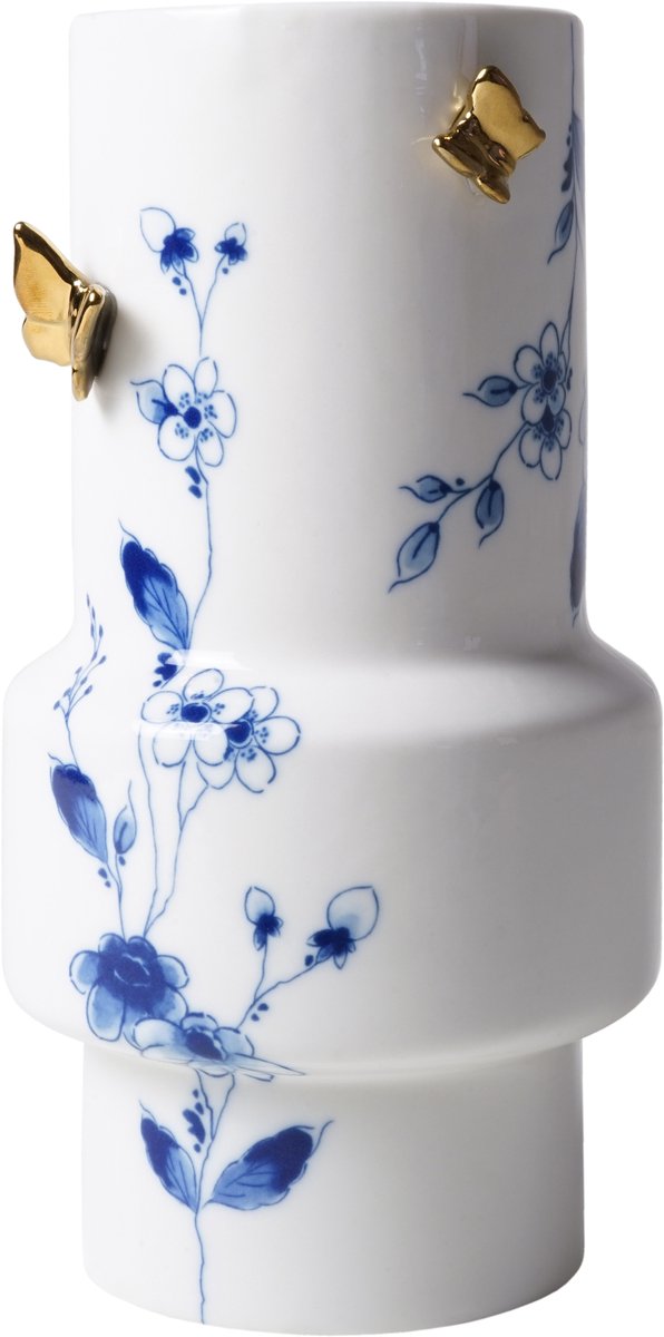 Heinen Delfts Blauw Vaas Vlindergoud – 21 cm – Keramiek – Multicolor – Luxe Design Vaas – Decoratieve Bloemenvaas