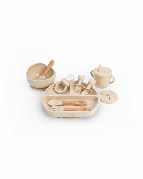 Amelii Siliconen Baby voeding set - Beige - BPA Vrij - Bord, Kom, Lepel& Beker, Eetpak - Antislip - Vaatwasserbestendig van Merkloos — afbeelding 4