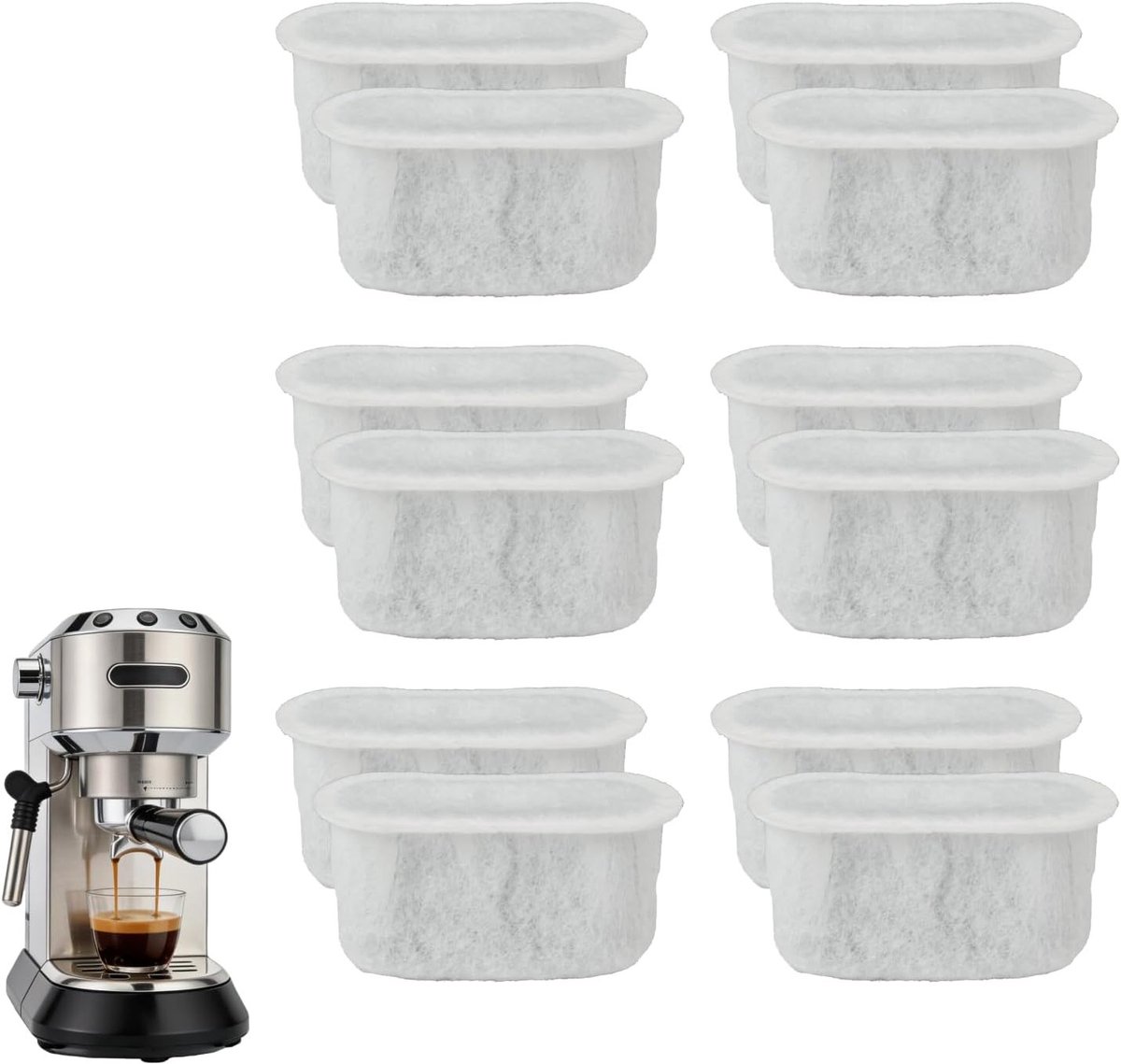 Set van 12 waterfilters: hoogwaardige filterpatronen voor koffiemachines, inclusief 9 mm actieve koolstoffilter voor puur en smaakvol koffieplezier, perfect voor een luxe koffie-ervaring