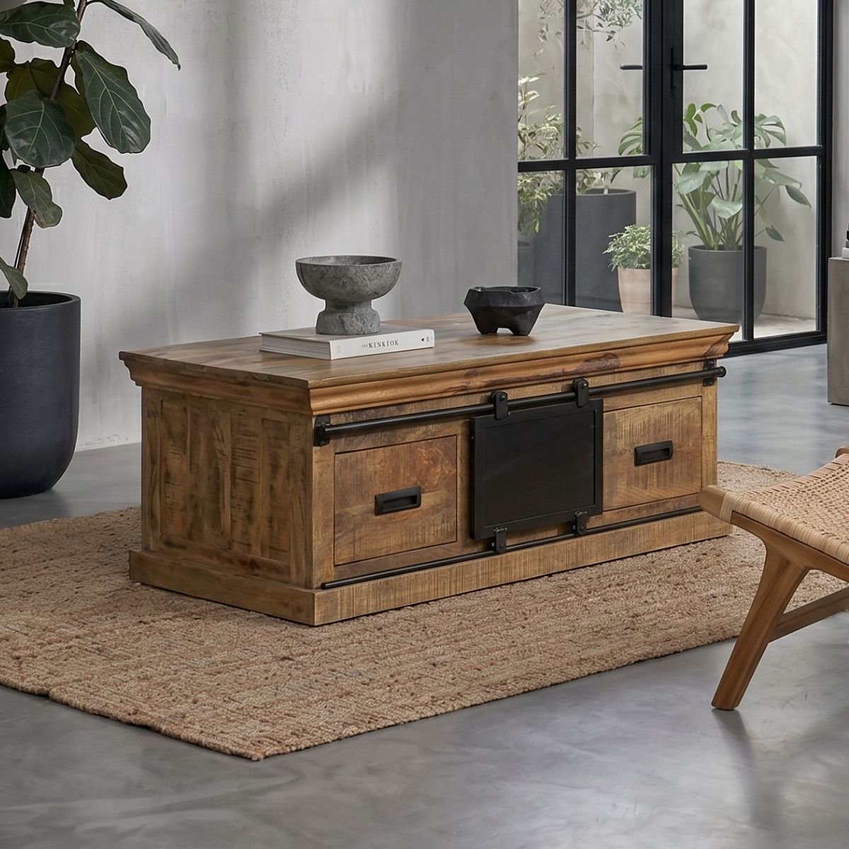 Mangohouten Salontafel Portland 120 cm 4 lades Mahom Industrieel - Kleine tafel van Mangohout & Metaal - Industriële Huiskamertafel