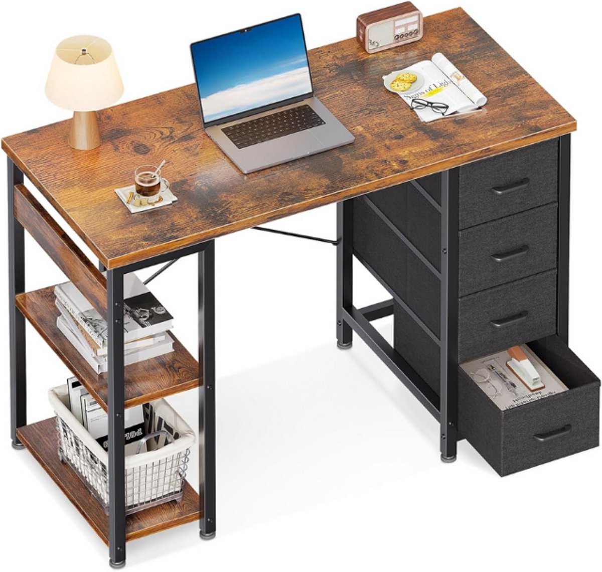 Coleshome Klein bureau met 4 stoffen lades, 100 x 40 cm, bureau met omkeerbare planken, studietafel voor kantoor, slaapkamer, bruin