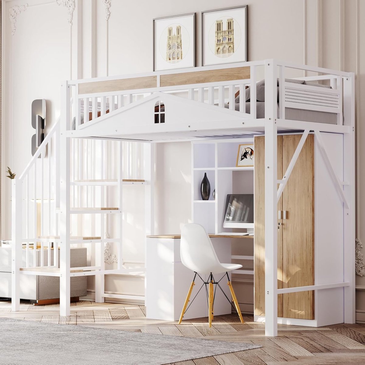 Hoogslaper Bedframe 90x200 cm met Trap en Opbergruimte – Metalen Kinderbed & Volwassen Hoogslaper met Veiligheidshek, Vensterdesign en MDF Afwerking – Wit – Laura