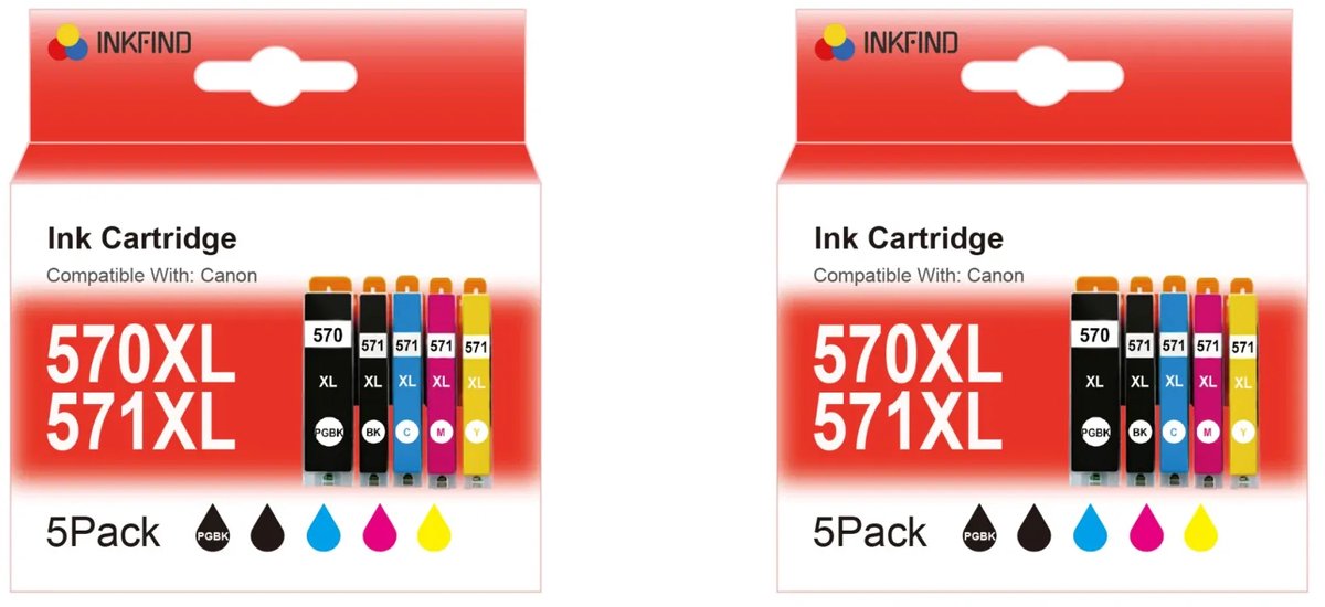 INKFIND 570XL 571XL inktcartridge voor Canon 570XL 571XL PGI570XL CLI571XL PGI-570XL CLI-571XL inktcartridge multipack 10 stuks (2*5pack = foto Zwart x 2, Zwart x 2, Cyaan x 2, Magenta x 2, Geel x 2)
