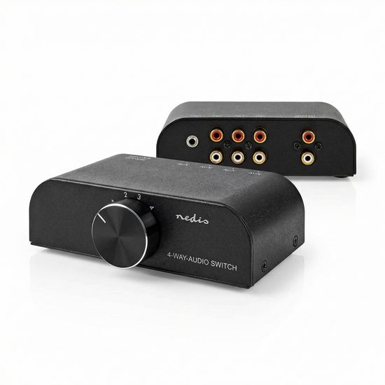 Twee zwarte Nedis 4-weg audiokiezers, één met de voorkant zichtbaar, de ander met de achterkant.