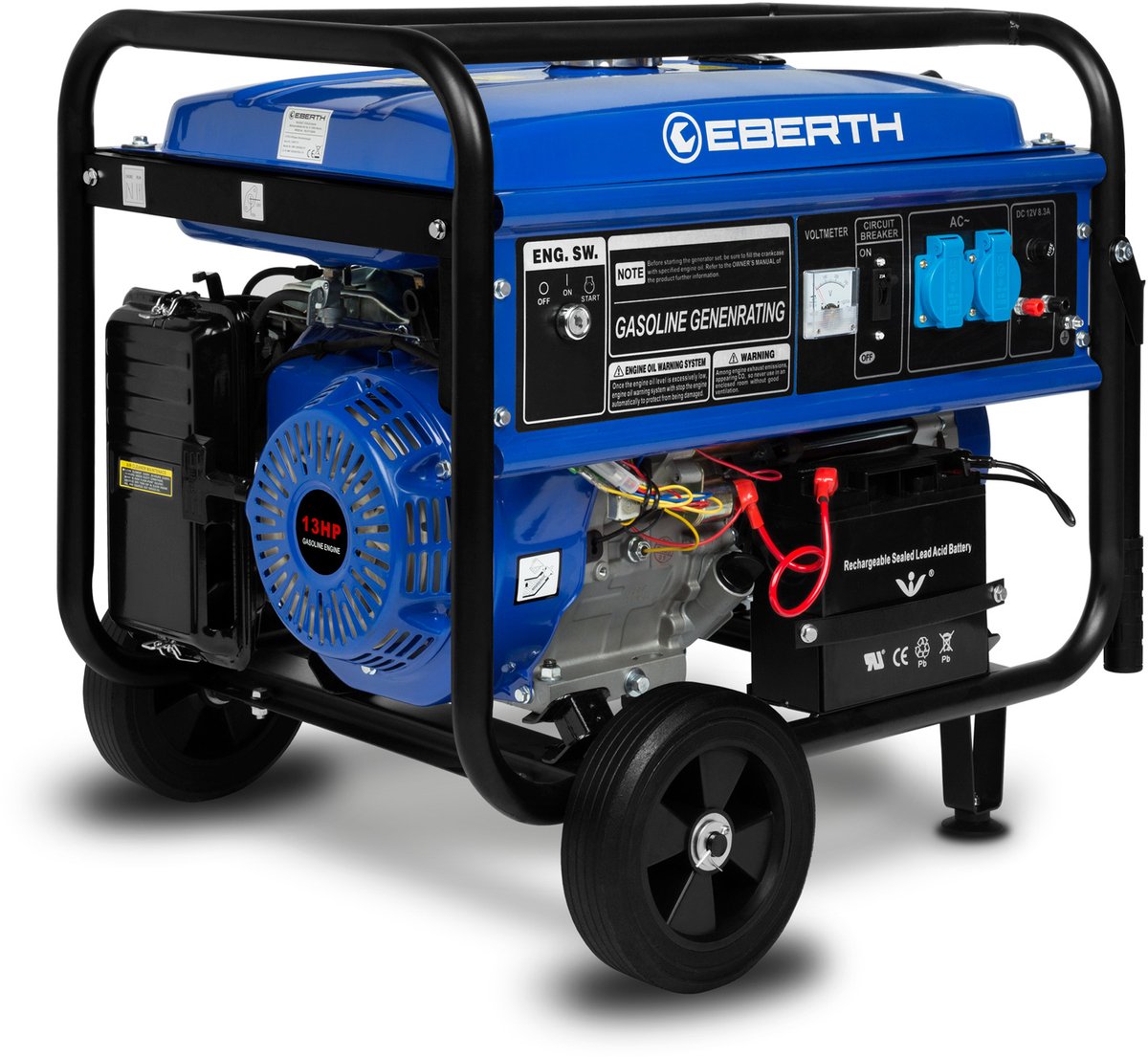 EBERTH 5500 watt noodstroomaggregaat, stroomgenerator met onderstel, elektrische start, 13 pk benzinemotor, viertakt, eenfasig, 2x 230 V, 1x 12 V, automatische spanningsregelaar (AVR), oliepeilbeveiliging, brandstofmeter