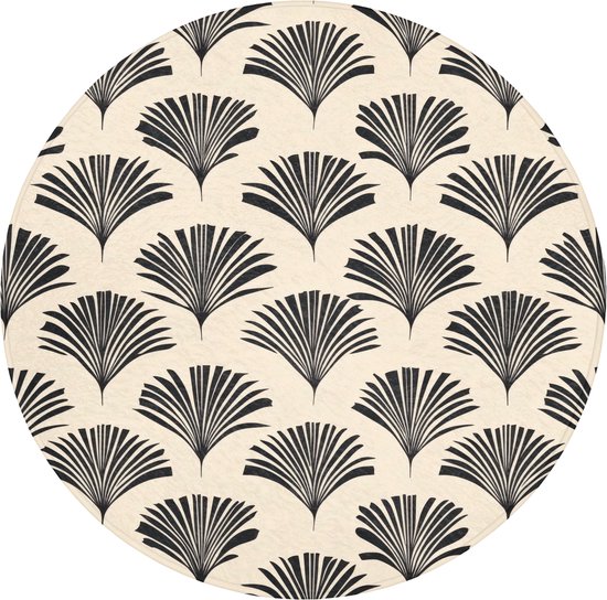 Badmat rond 70x70 cm - Antislip - Waaiers - Botanisch - Zwart - Beige - Badmatten voor badkamer - Badkamermat - Douchemat - Ronde badkamer mat