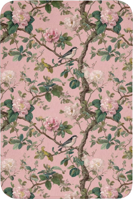Badmat 60x90 cm - Antislip - Pioenrozen - Botanisch - Vogel - Badmatten voor badkamer - Badkamermat - Douchemat - Badkamer mat