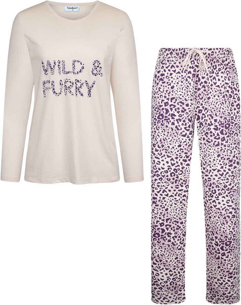 Gaubert Essential Dames Pyjama Lange Mouw - Broek met Zakken - Premium Gekamd Katoen - Wild & Furry Panterprint - Beige - Maat S - GB-2806