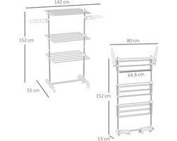 Droogrek met wielen 3-laags inklapbaar 80-142x55x152 cm verstelbare wasdroger met zijvleugels – verrijdbaar wasrek voor binnen en balkon ruimtebesparend