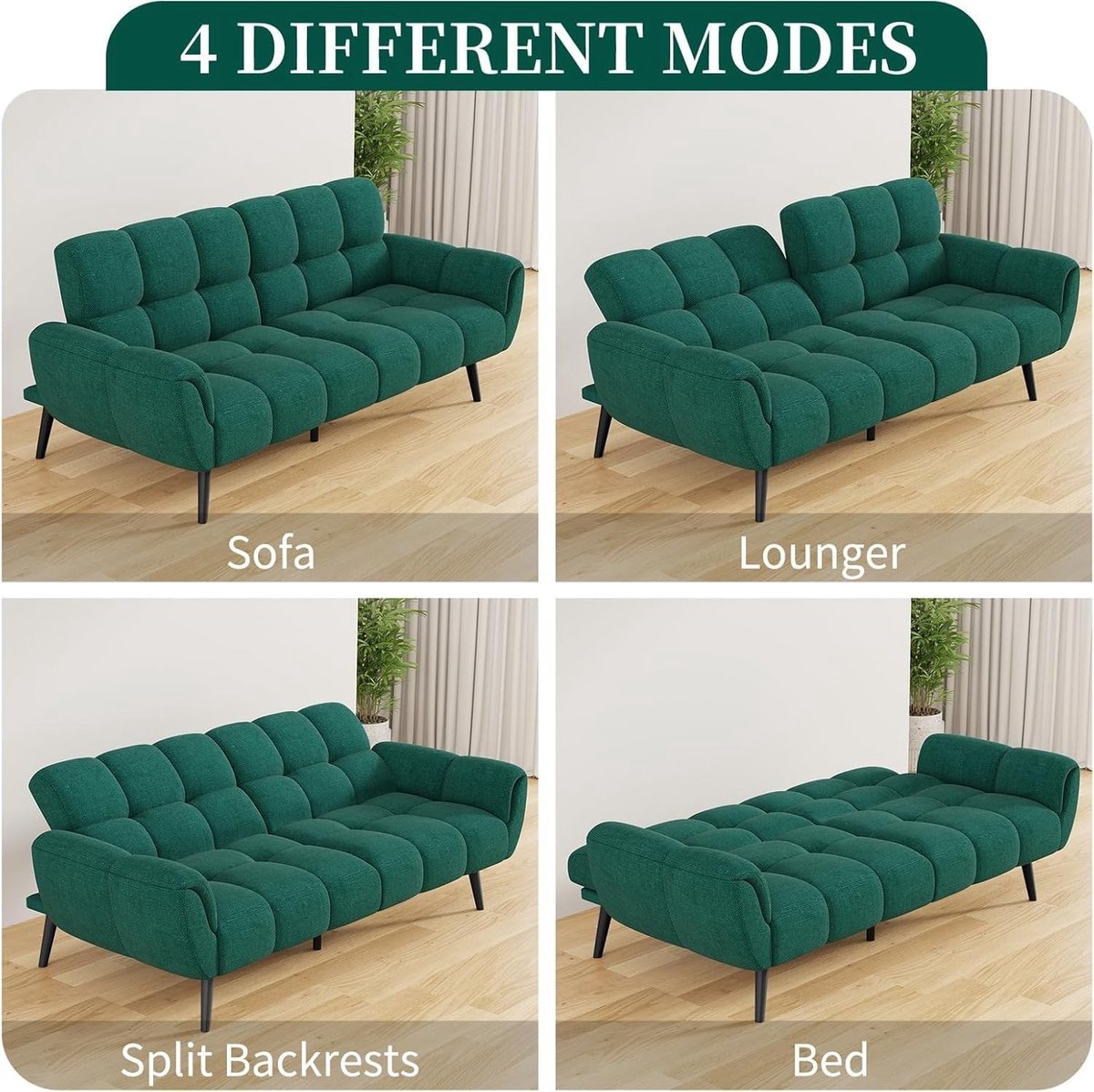 Slaapbank 3-in-1 Futon 195 cm – Moderne Convertible Sofa Bed met Verstelbare Rugleuning, Linnen Bekleding, 110°/150°/180° Verstelling, Ruimtebesparende Bedbank voor Woonkamer & Slaapkamer (Groen) – Mobili Bella