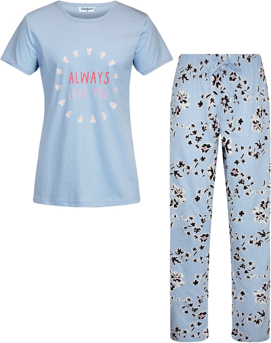 GAUBERT ® Essential Dames Pyjama Korte Mouw - Broek met Zakken - Premium Gekamd Katoen - Always Love You - Lichtblauw - GB-2807 Korte Mouw Pyjama, Lichtblauw, Always Love You