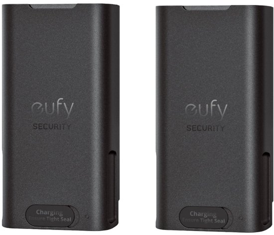 Twee donkergrijze Eufy Security oplaadbare batterijpakketten met het Eufy Security logo en 'Charging Ensure Tight Seal' tekst.