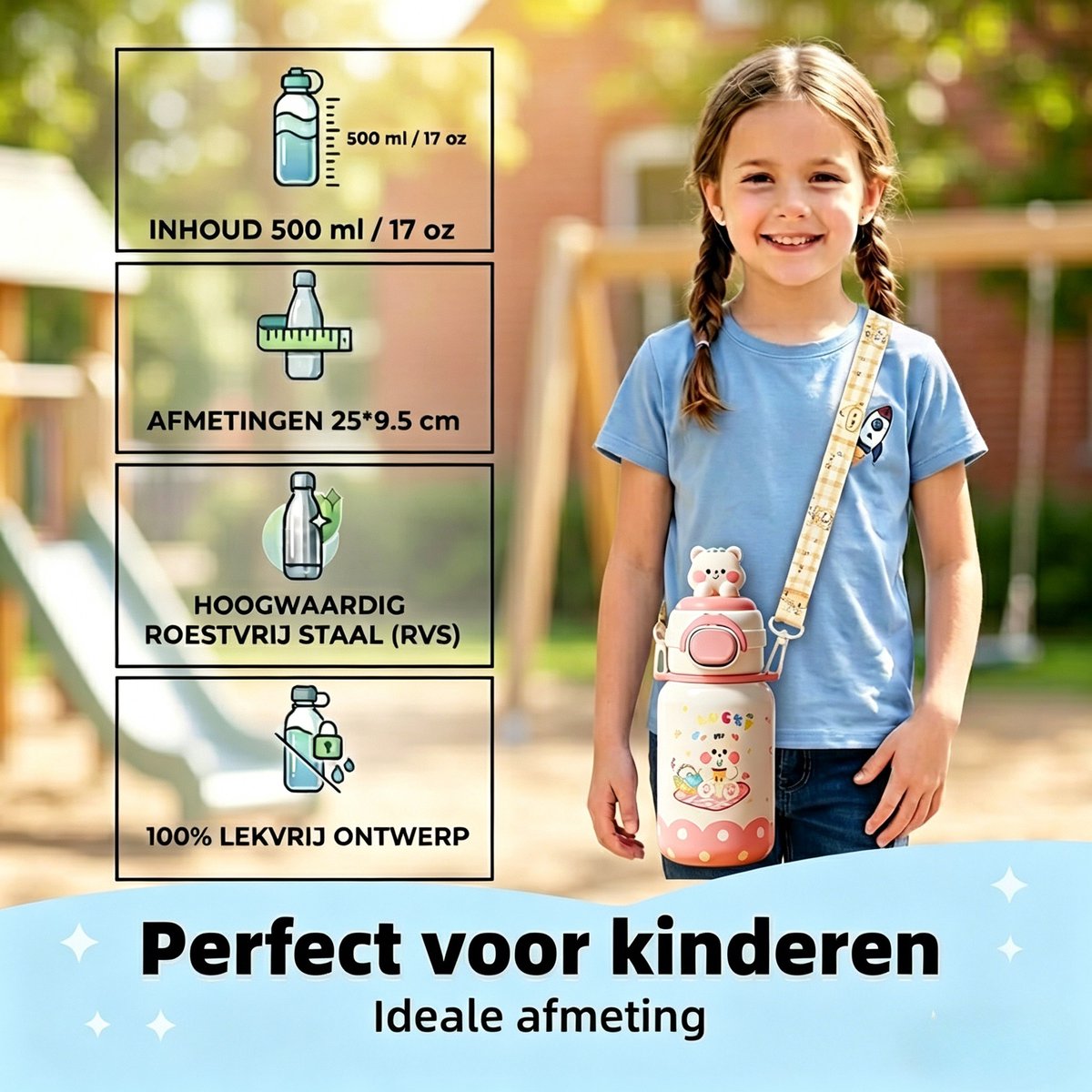 316 RVS Kinder Thermosfles & Kinderdrinkfles met Rietje en Drinktuit - 500ml Lekvrije Schoolbeker voor Meisjes & Jongens - 12u Warm/Koud Isoleerfles - BPA-Vrij & Food Grade - Ideaal Cadeau voor School, Sport & Onderweg - Met koord - kitten thumbnail 2
