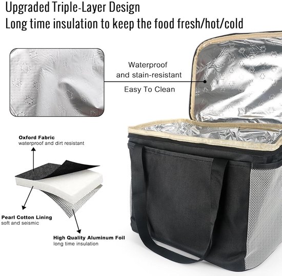 Koeltassen - Geïsoleerde Koeltas - 29x23x21 cm - 14L - Koeltassen - Lunchtas - 3 Laags - Picknicktas - Handvat Riem - Lekvrij en Waterdicht - voor Kantoor, Camping, Picknick, Reizen - Thermotas voor Levensmiddelentransport - Zwart — afbeelding 5