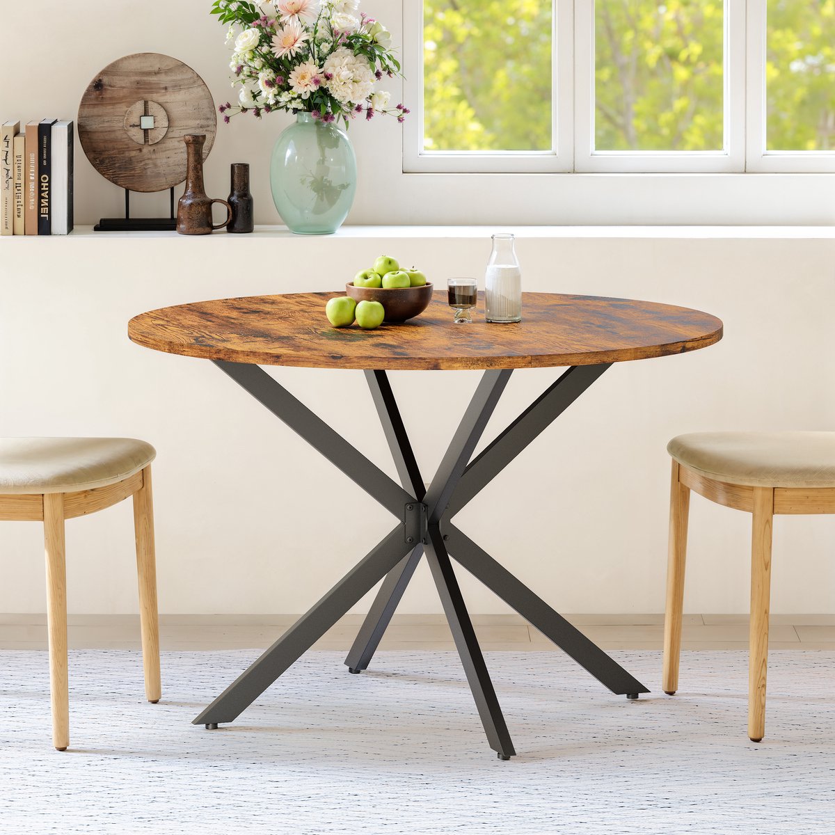 Zubaliya Ronde Industriële Eettafel Ø120 Cm - Vintage Bruin-Zwart - Eettafel Met X-Poten - Ronde Tafel Voor Keuken Woonkamer En Eethoek Voor 4-6 Personen