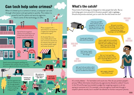 Illustratie met verschillende technologieën die door de politie worden gebruikt, zoals drones, camera's en computers.