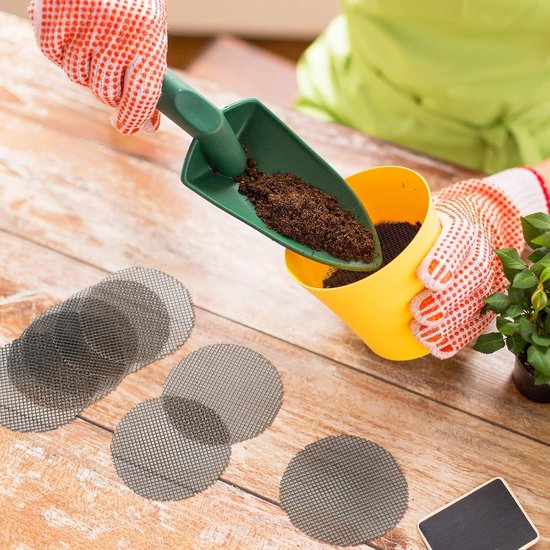 Bloempotrooster - 100 stuks - Drainage rooster planten - Plantennet voor buiten pot - Plantenmat voor bonsai, bloempot of plantenschotel - 4,5 cm en 10 cm, elk 50 stuks - Zwart — afbeelding 3