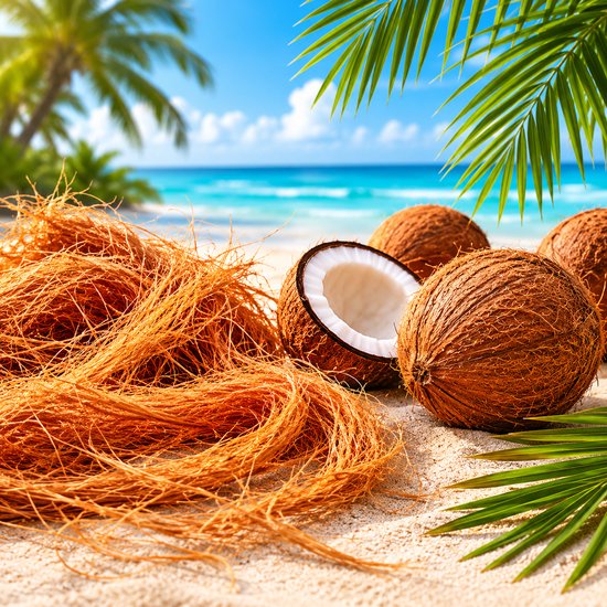 Kokosnoten en bruine kokosvezel op een strand.