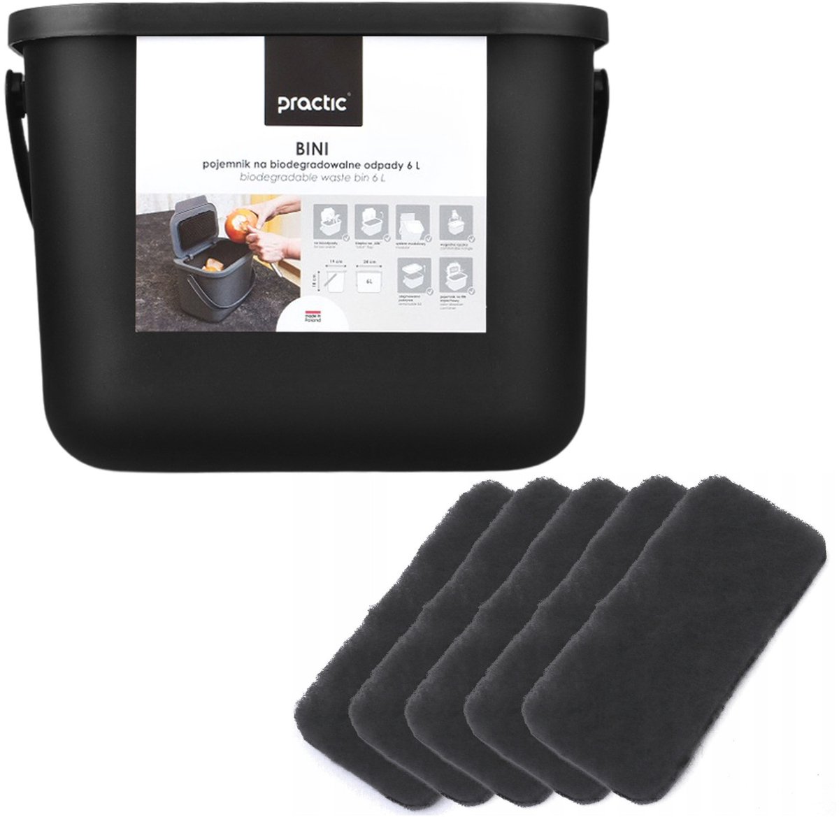 Practic Mini Bini - Afvalbak 6L - met deksel en handvat voor de keuken - 5 filters - zwart