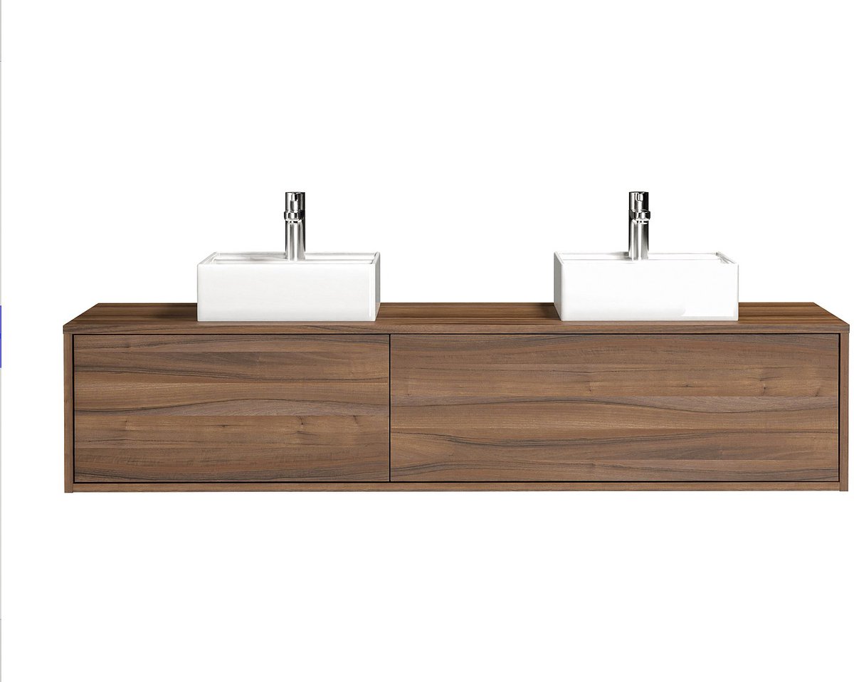 Vente-unique Zwevend badkamermeubel, donker naturel, met dubbele wastafel - L150 cm - ISAURE II