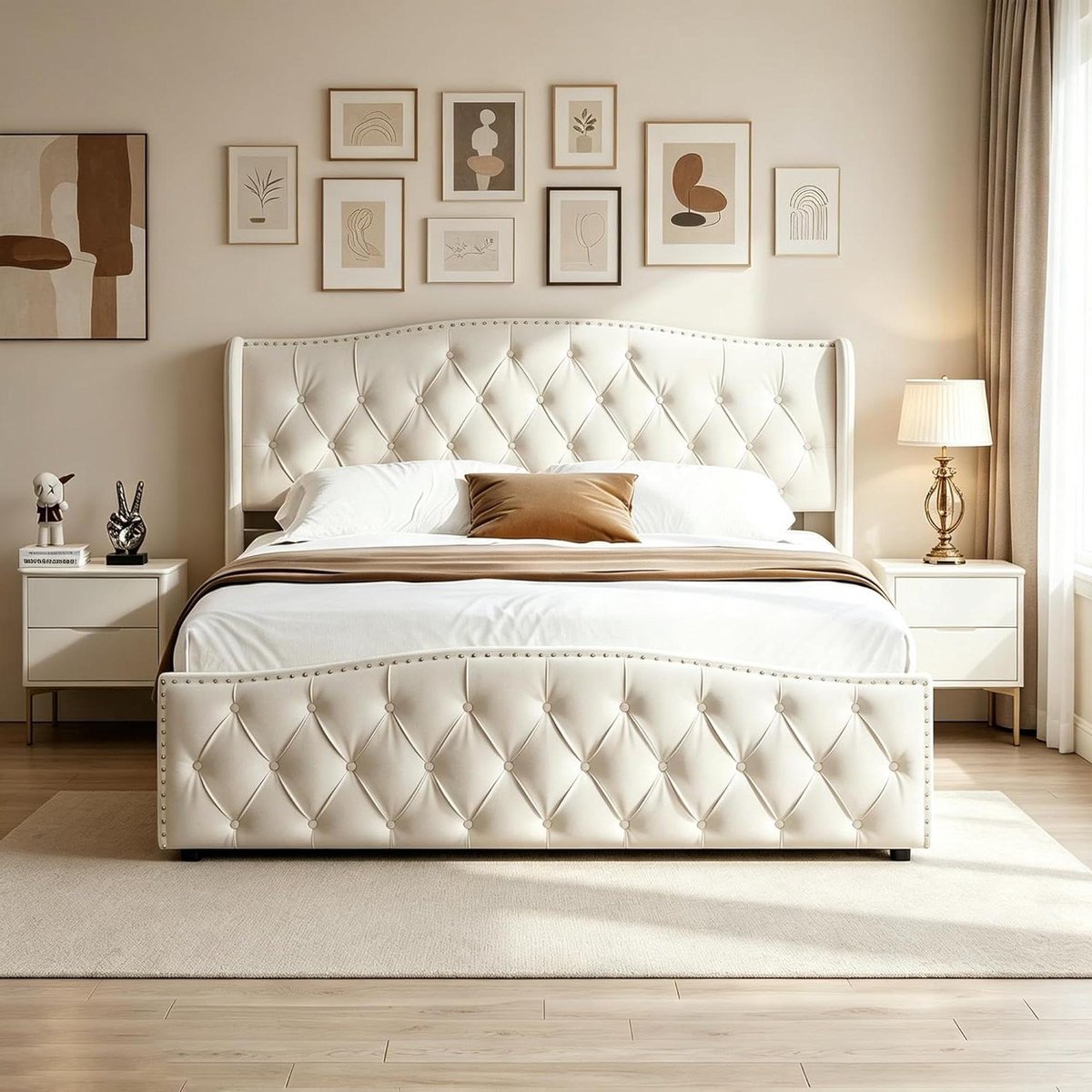 Gestoffeerd Bed - Opbergbed - Slaapkamer Inrichten - Hydraulische Stang - 140x200 cm - Beige