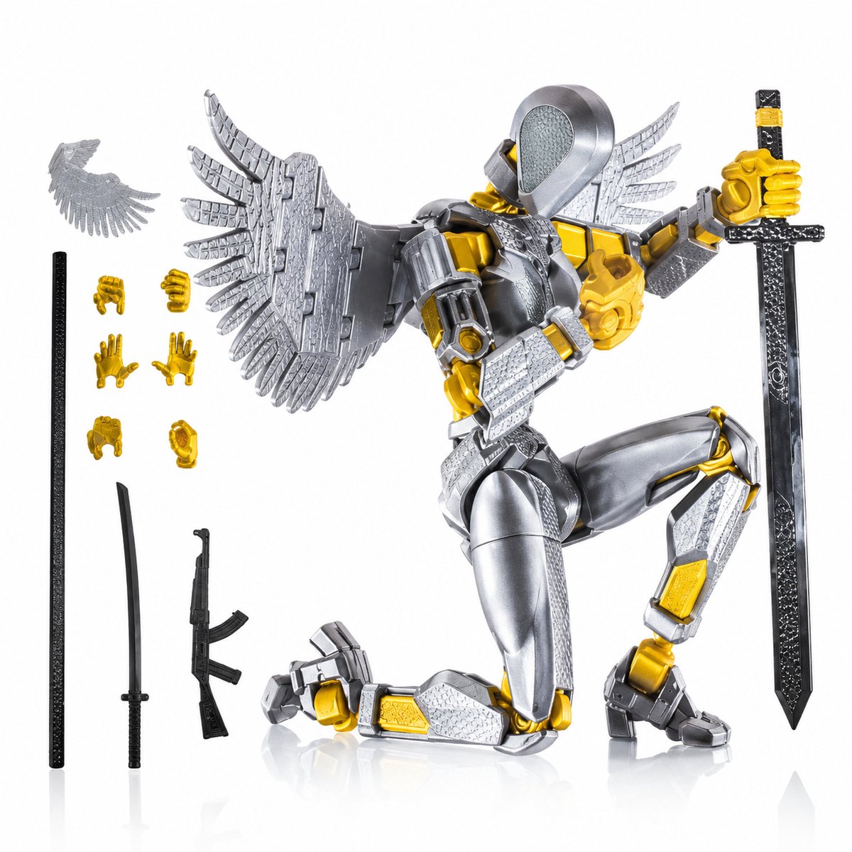 Enluxe BUILD-A-TITAN - T13 Stick Action Figure Special the Lightbringer met Vleugels - Kleur Wit / Zilver / Goud - Flexibele Beweegbare Pop, Verwisselbare Handen en Speelgoedwapens, Creëer je Eigen Gevechtsscene DIY