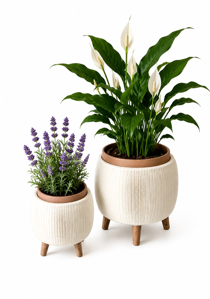Bloempot voor Binnen - Gebroken wit & Bruin - Geribbeld Design - Scandinavische Woondecoratie - Op Pootjes