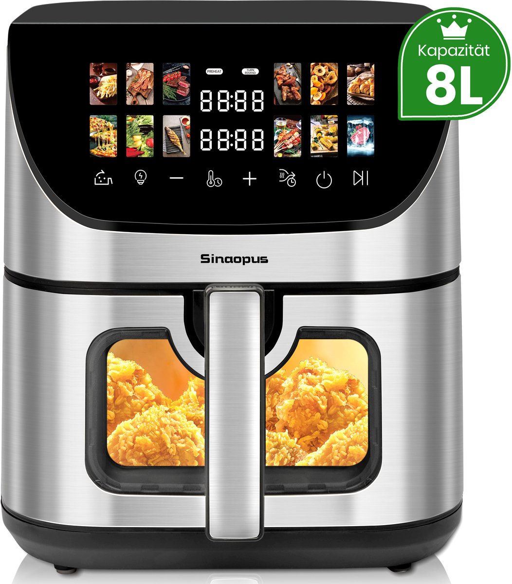 Digitale Airfryer XXL 8L Sinaopus 8005A -1800W Heteluchtfriteuse - Kleurendisplay - 12 Voorgeprogrammeerde Functies - Slimme Tijd & Temperatuurregeling - Capaciteit voor 5 Personen