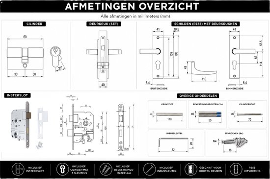 Slotman Solutions Complete Deurbeslagset Zilver | Aluminium Deurklinkset met Insteekslot en Profielcilinder 30/30 incl. 3 Sleutels | PZ55 | Voor Binnendeuren | 180 x 41 mm