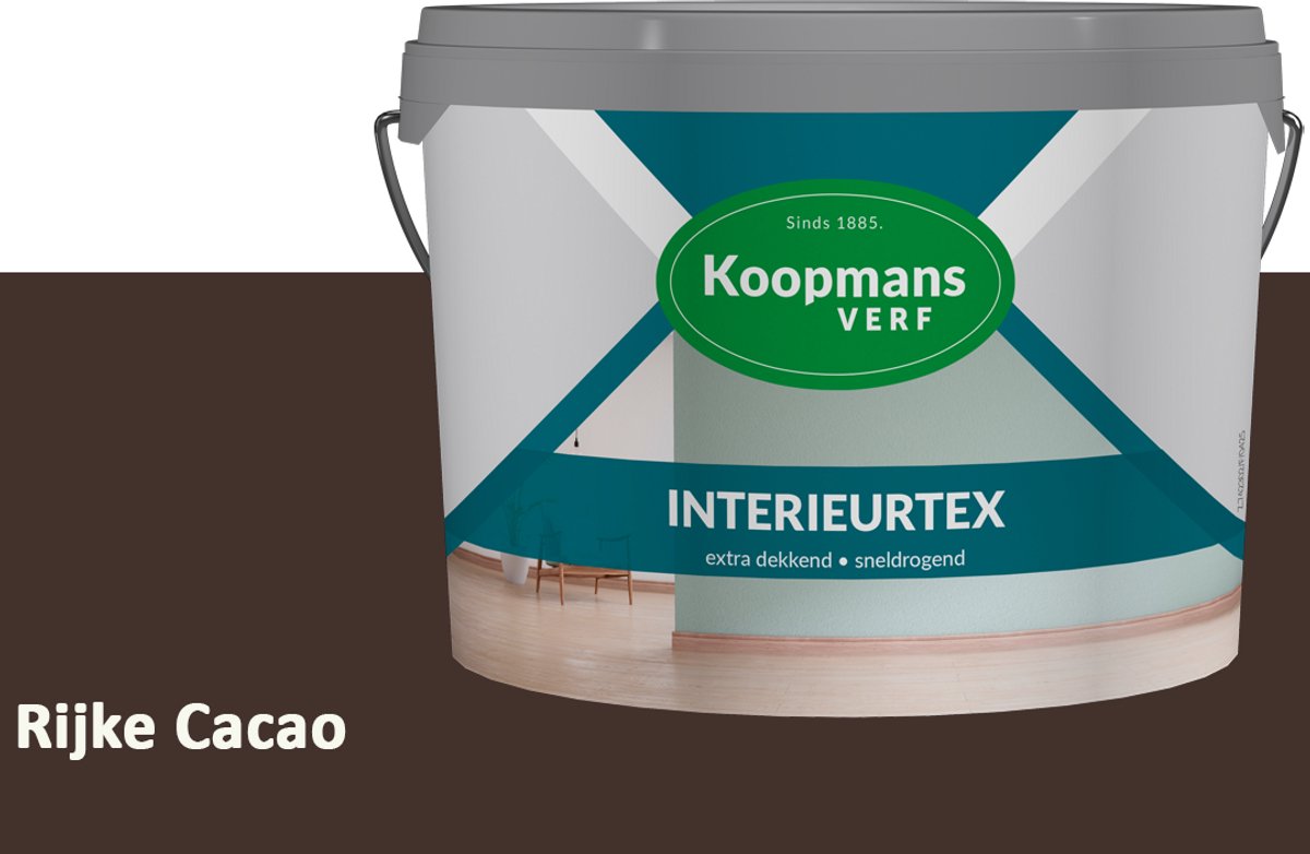 Koopmans Interieurtex Matte Muurverf Binnen – Extra Dekkende Sneldrogende Verf voor Muren en Plafonds – Rijke Cacao – 7,5 l
