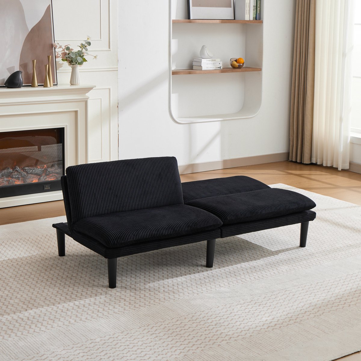 Wishdor 2-Zits Slaapbank - 3-Standen Rugleuning En Compact Ontwerp - Voor Woonkamer - Houten Frame Met Fluwelen Ribstructuur - Zwart - 106°-140°-180°