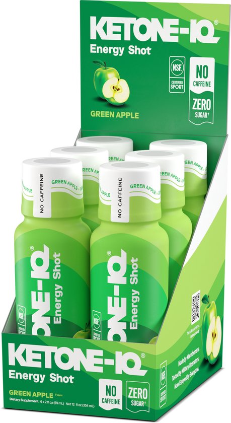 Verpakking met zes Ketone-IQ groene appel energie shots, met de tekst "Ketone-IQ Energy Shot" en keurmerken.