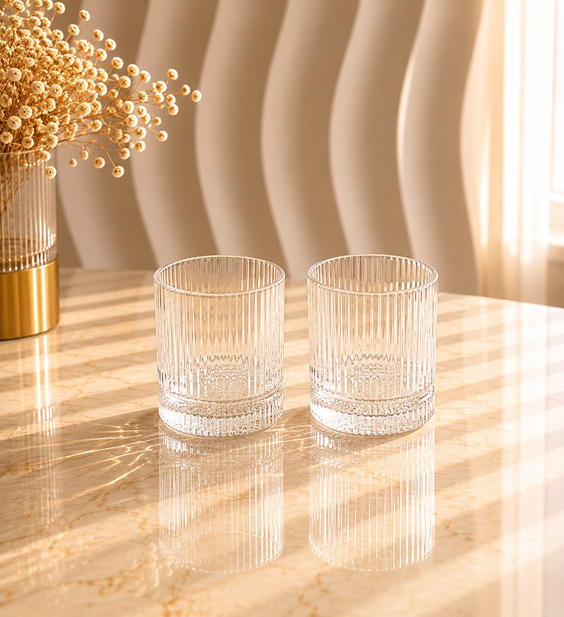 Mevaz Drinkglazen Set van 6 – 220 ml – Geribbeld Glas – Waterglazen – Whiskeyglazen – Transparant – Modern