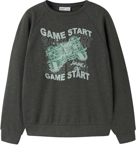 Donkergrijze sweater met print van een groene videogamecontroller en de tekst 'GAME START'.