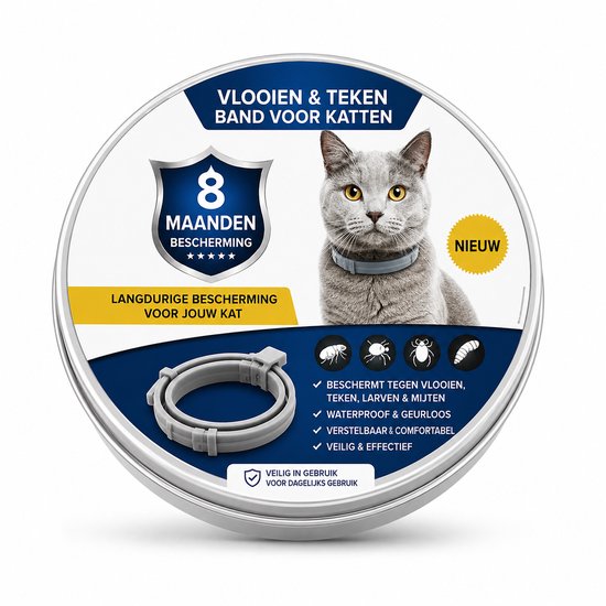 Blik met een grijze kat met een vlooienband om, '8 maanden bescherming' en 'langdurige bescherming voor uw kat'.