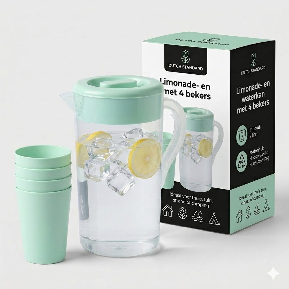 Waterkan - Incl 4 Bekers - 2L -Met deksel - Limonadekan - Schenkkan karaf Met Bekers