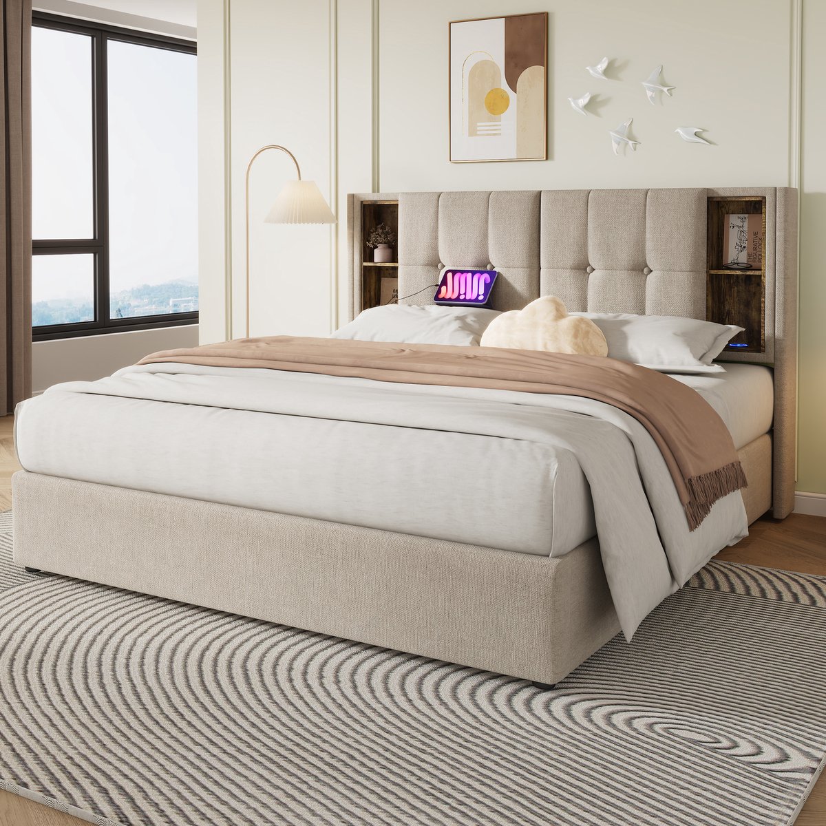 Boxspring 180x200 Met Opbergruimte - USB-C En Draadloos Opladen - Linnen Bed
